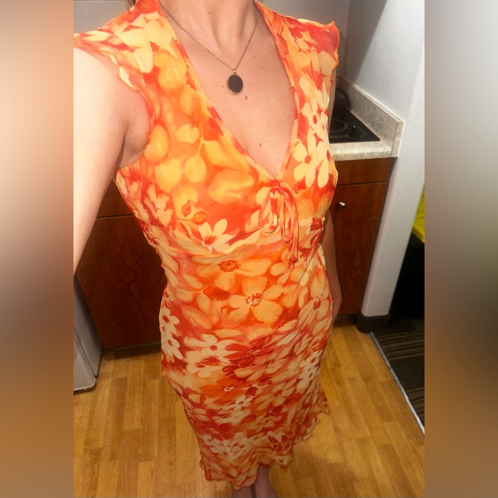 Red/Orange Vintage Floral Byer IZ California Dress : eye-catching, modest
